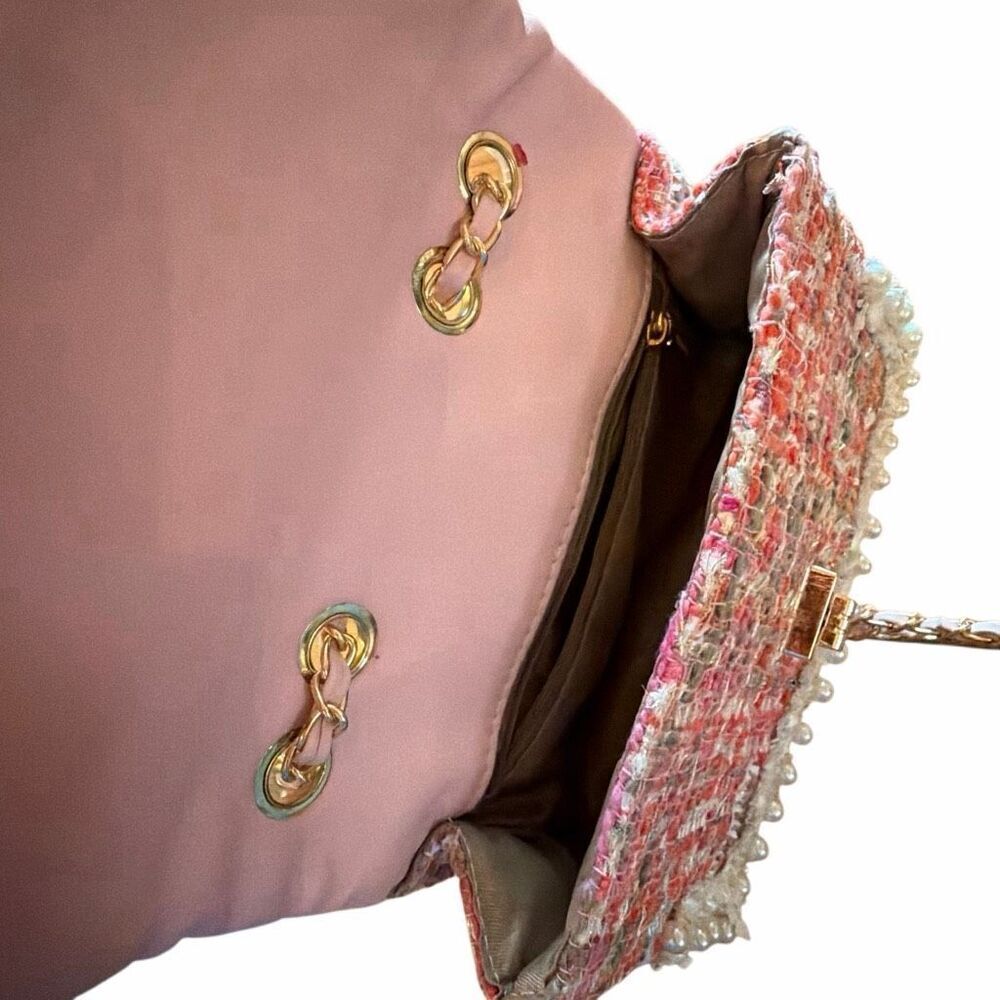 Classic tweed pearl pink shoulder bag purse super cute classic gold closure - Picture 4 of 9
